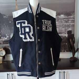 True Religion Black/ White Varsity Bomber Jacket Vest,Size 2XL.